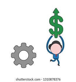 Vector illustration businessman character with gear and running and carrying dollar arrow moving up. Color and black outlines.