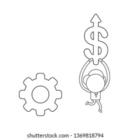 Vector illustration businessman character with gear and running and carrying dollar arrow moving up. Black outline.