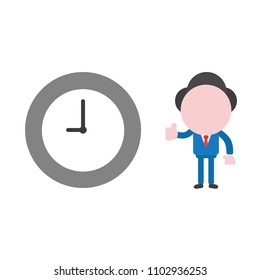 Vector illustration businessman character gesturing thumbs up with clock time icon.