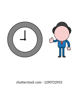 Vector illustration businessman character gesturing thumbs up with clock time icon. Color and black outlines.