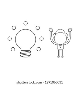 Vector illustration businessman character with glowing light bulb. Black outline.