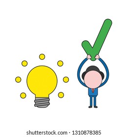 Vector illustration businessman character with glowing light bulb idea and holding up check mark. Color and black outlines.