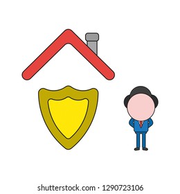 Vector illustration businessman character with guard shield under house roof. Color and black outlines.