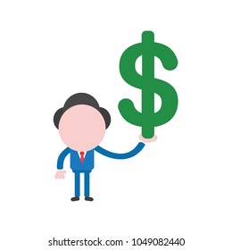 Vector illustration of businessman character holding green dollar symbol.