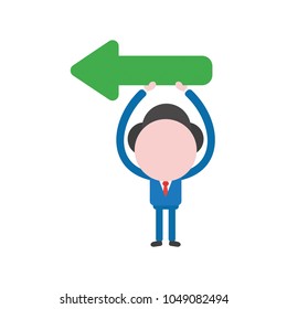 Vector illustration of businessman character holding up green arrow icon pointing left.