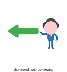 Vector illustration of businessman character holding green arrow icon pointing left.