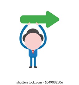 Vector illustration of businessman character holding up green arrow icon pointing right.