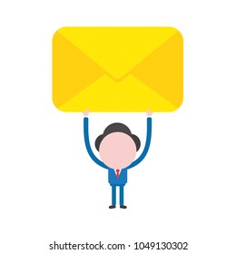 Vector illustration of businessman character holding up closed yellow envelope icon.