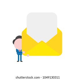 Vector illustration of businessman character holding yellow open envelope icon with blank paper.