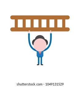 Vector illustration of businessman character holding up wooden ladder icon.