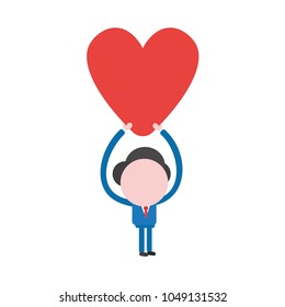 Vector illustration of businessman character holding up red heart icon.