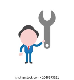 Vector illustration of businessman character holding grey spanner icon.