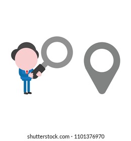 Vector illustration businessman character holding magnifying glass and looking map pointer icon.