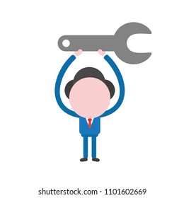 Vector illustration businessman character holding up grey spanner icon.