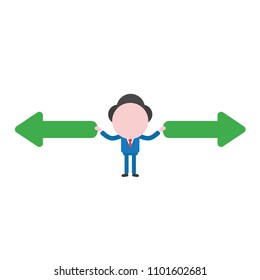 Vector illustration businessman character holding arrow pointing left and right ways.