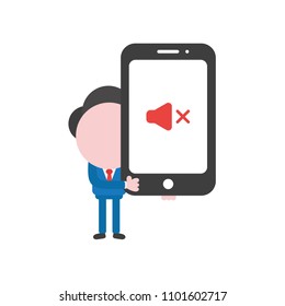 Vector illustration businessman character holding smartphone with sound off icon.