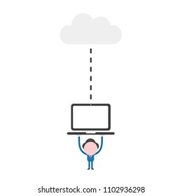 Vector illustration businessman character holding up laptop computer connecting with cloud.