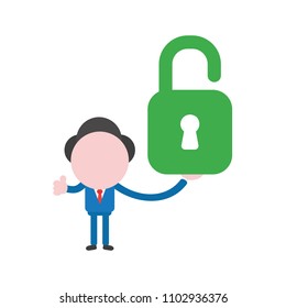 Vector illustration businessman character holding green open padlock and gesturing thumbs up.