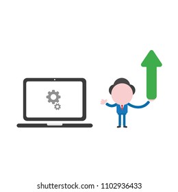 Vector illustration businessman character holding arrow moving up to laptop computer with gears.