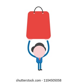 Vector illustration businessman character holding up red shopping bag.