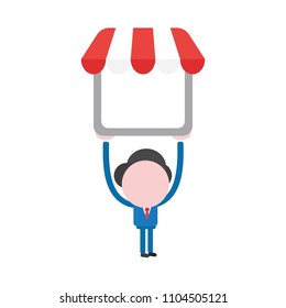 Vector illustration businessman character holding up shop store.