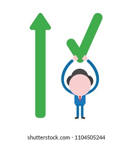 Vector illustration businessman character holding up check mark with arrow moving up.