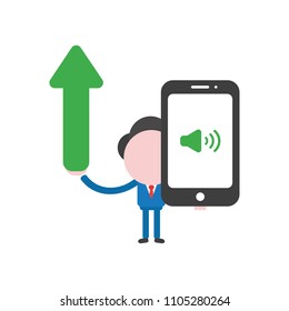 Vector illustration businessman character holding arrow moving up and smartphone with sound on icon.