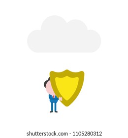 Vector illustration businessman character holding guard shield under cloud.
