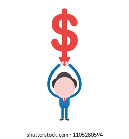 Vector illustration businessman character holding up dollar arrow moving down.