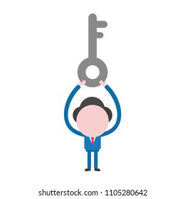 Vector illustration businessman character holding up key.