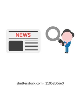 Vector illustration businessman character holding magnifying glass and looking to newspaper.