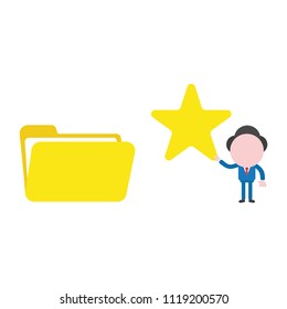 Vector illustration businessman character holding star to open file folder.