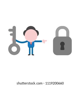 Vector illustration businessman character holding key and pointing padlock to unlock.