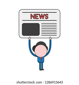 Vector illustration businessman character holding up newspaper icon. Color and black outlines.