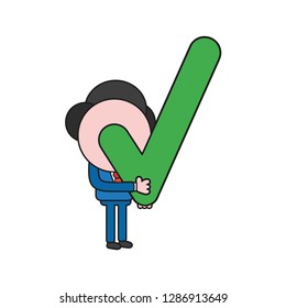 Vector illustration businessman character holding check mark icon. Color and black outlines.