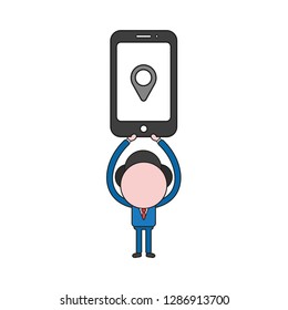 Vector illustration businessman character holding up smartphone with map pointer icon. Color and black outlines.