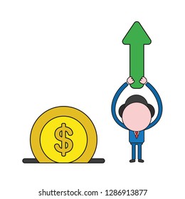 Vector illustration businessman character holding up arrow moving up and dollar money coin into moneybox hole. Color and black outlines.