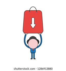 Vector illustration businessman character holding up shopping bag with arrow moving down. Color and black outlines.