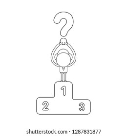 Vector illustration businessman character holding up question mark on first place of winners podium. Black outline.