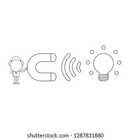 Vector illustration businessman character holding magnet and attracting glowing light bulb icon. Black outline.