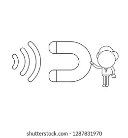 Vector illustration businessman character holding magnet and attracting. Black outline.