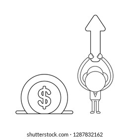 Vector illustration businessman character holding up arrow moving up and dollar money coin into moneybox hole. Black outline.