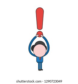 Vector illustration businessman character holding up exclamation mark. Color and black outlines.