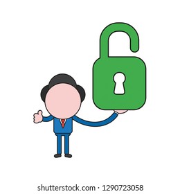 Vector illustration businessman character holding open padlock and gesturing thumbs up. Color and black outlines.