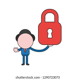 Vector illustration businessman character holding closed padlock and gesturing hand stop sign. Color and black outlines.