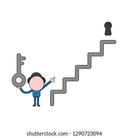 Vector illustration businessman character holding key and pointing keyhole on top of stairs. Color and black outlines.