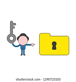 Vector illustration businessman character holding key and pointing file folder keyhole. Color and black outlines.