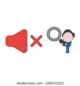 Vector illustration businessman character holding magnifying glass and looking to sound off icon. Color and black outlines.