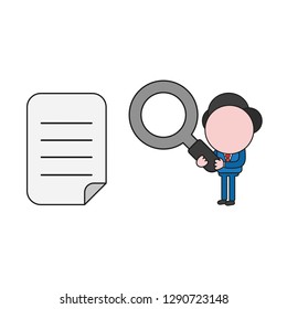 Vector illustration businessman character holding magnifying glass and looking written paper. Color and black outlines.