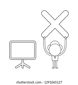 Vector illustration businessman character holding up x mark with blank presentation chart. Black outline.